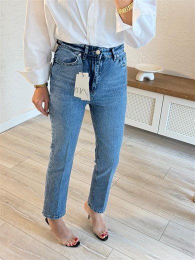 Premium Kalite Yüksek Bel Önden Ütülü Havuç Kesim Jean Yıkamalı Mavi