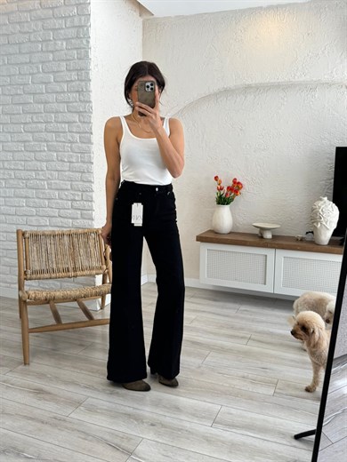 Premium Kalite Yüksek Bel Önden Ütülü Geniş Paça Jean Siyah