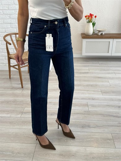 Premium Kalite Yüksek Bel Önden Ütülü Havuç Kesim Jean Koyu Mavi