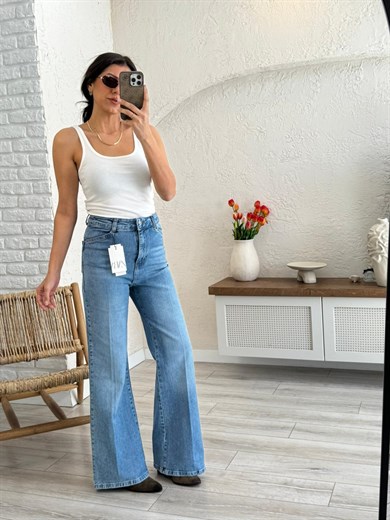 Premium Kalite Yüksek Bel Önden Ütülü Geniş Paça Jean Açık Mavi