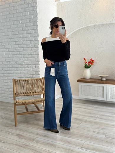 Premium Kalite Yüksek Bel Önden Ütülü Geniş Paça Jean Mavi