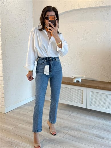 Premium Kalite Yüksek Bel Önden Ütülü Havuç Kesim Jean Yıkamalı Mavi