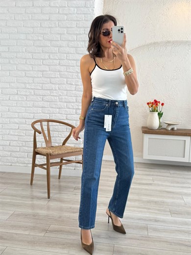 Premium Kalite Yüksek Bel Önden Ütülü Havuç Kesim Jean  Mavi