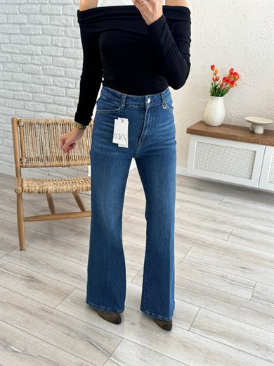 Premium Kalite Yüksek Bel Önden Ütülü Geniş Paça Jean Mavi