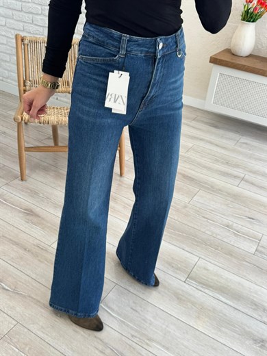 Premium Kalite Yüksek Bel Önden Ütülü Geniş Paça Jean Mavi