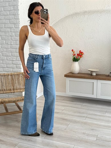 Premium Kalite Yüksek Bel Önden Ütülü Geniş Paça Jean Açık Mavi
