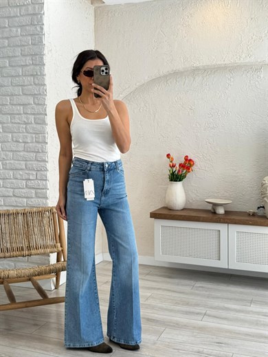Premium Kalite Yüksek Bel Önden Ütülü Geniş Paça Jean Açık Mavi