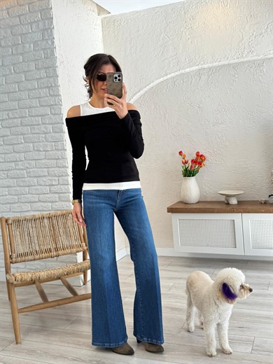 Premium Kalite Yüksek Bel Önden Ütülü Geniş Paça Jean Mavi