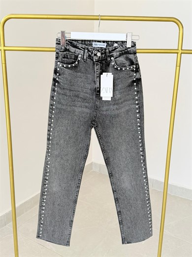 Premium Kalite Yüksek Bel Zımbalı Boyfit Jean Koyu Gri
