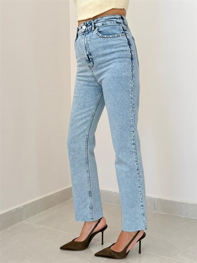 Premium Kalite Yüksek Bel Zımbalı Boyfit Jean Buz Mavi