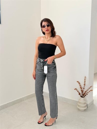 Premium Kalite Yüksek Bel Zımbalı Boyfit Jean Koyu Gri
