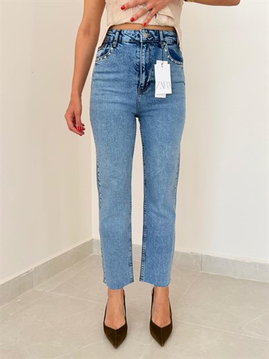 Premium Kalite Yüksek Bel Zımbalı Boyfit Jean Mavi