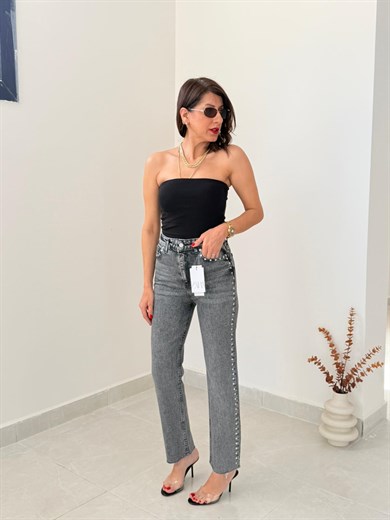 Premium Kalite Yüksek Bel Zımbalı Boyfit Jean Koyu Gri