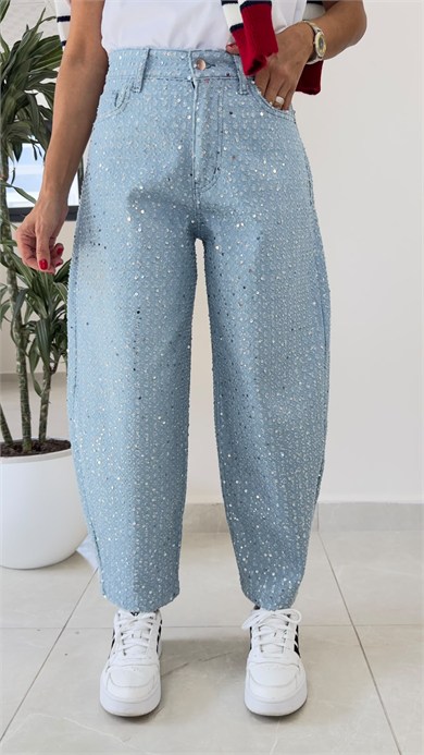 Premium Pullu Balon Jean Açık Mavi