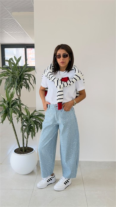 Premium Pullu Balon Jean Açık Mavi