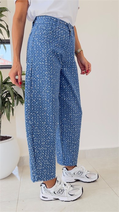 Premium Pullu Balon Jean Koyu Mavi