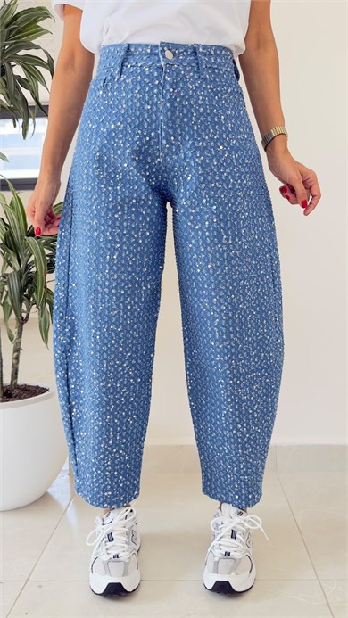Premium Pullu Balon Jean Koyu Mavi