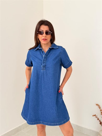 Premium Seri Polo Yaka Kısa Denim Elbise