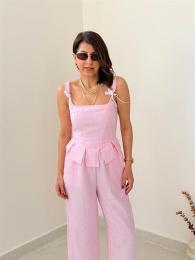Premium Seri Tasarım Korse Bluz Pantolon Takım Pembe
