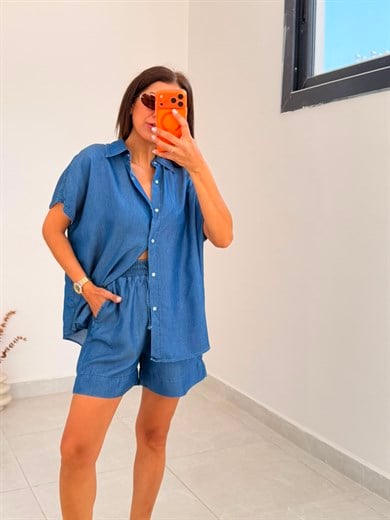 Premium Seri Tensel Jean Şort Gömlek Takım Koyu Mavi