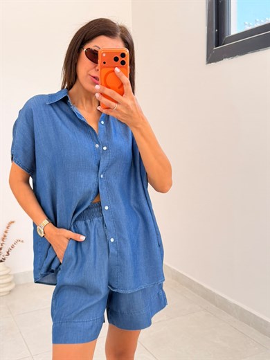Premium Seri Tensel Jean Şort Gömlek Takım Koyu Mavi