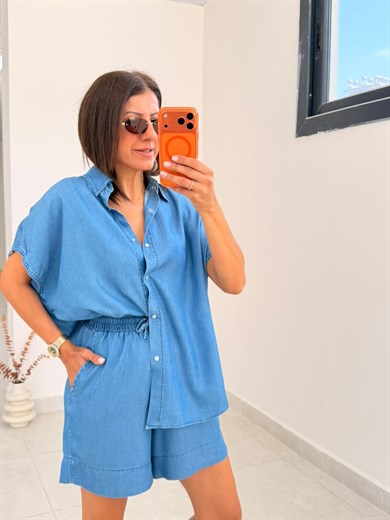 Premium Seri Tensel Jean Şort Gömlek Takım Açık Mavi