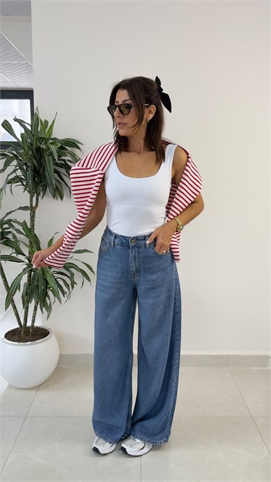 Premium Yumuşak Dokulu Denim Palazzo Mavi