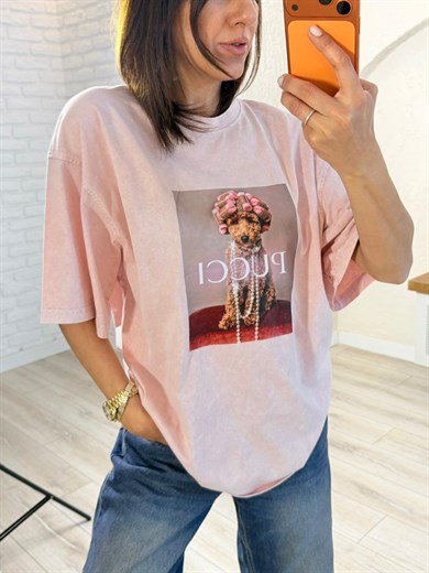 Pucci Baskılı Oversıze Tişört Eskitme Pudra