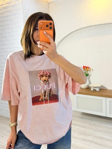 Pucci Baskılı Oversıze Tişört Eskitme Pudra