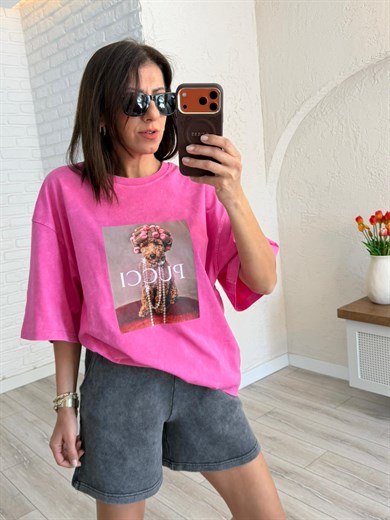 Pucci Baskılı Oversıze Tişört Eskitme Pembe