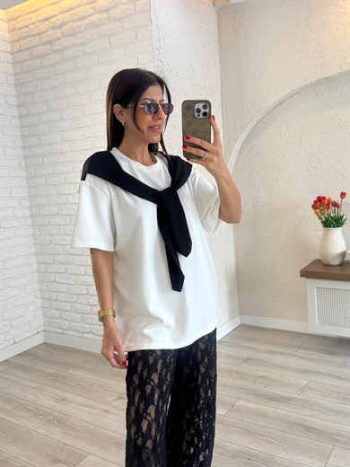 Şal Yaka Detaylı Tshirt Ekru