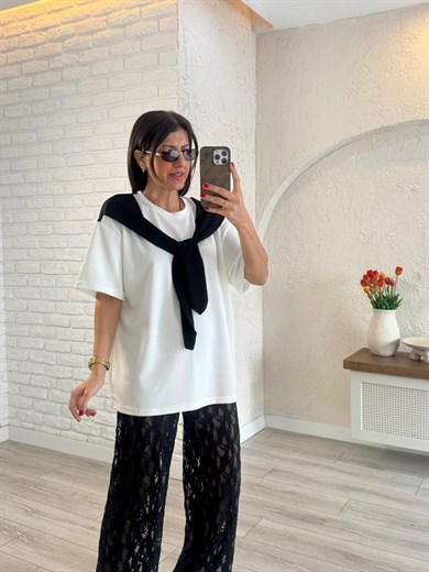 Şal Yaka Detaylı Tshirt Ekru