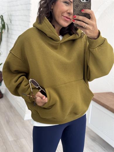 Sırt Nakışlı kapüşonlu Sweat Yağ Yeşili