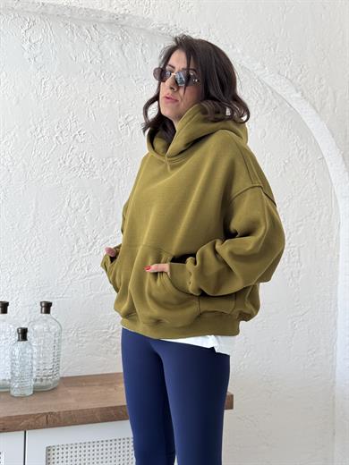 Sırt Nakışlı kapüşonlu Sweat Yağ Yeşili