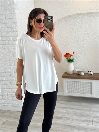 Sırt Pile Detaylı Basic Tişört  Ekru 
