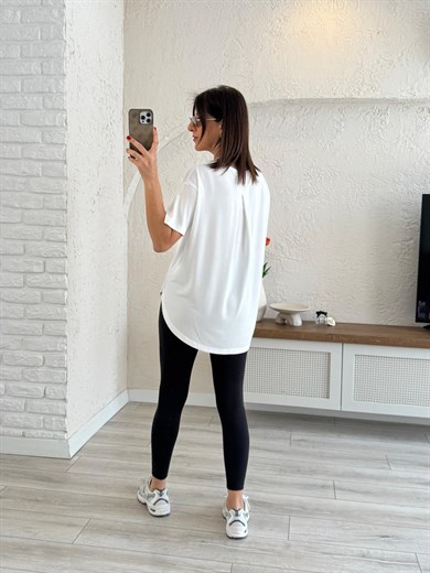 Sırt Pile Detaylı Basic Tişört  Ekru 