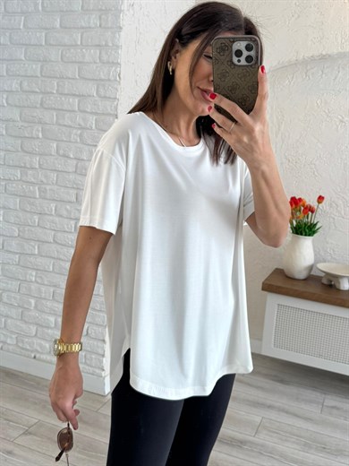 Sırt Pile Detaylı Basic Tişört  Ekru 