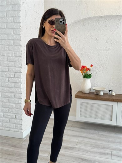 Sırt Pile Detaylı Basic Tişört  Kahve