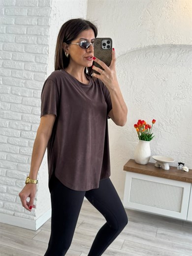 Sırt Pile Detaylı Basic Tişört  Kahve