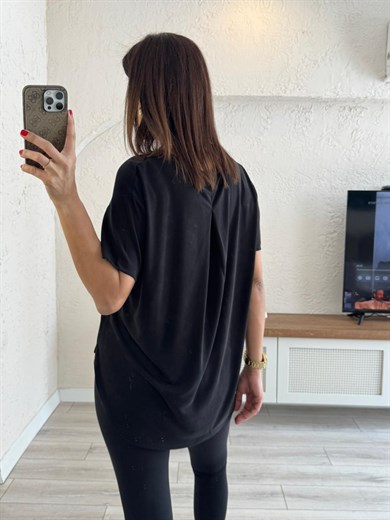 Sırt Pile Detaylı Basic Tişört Siyah 
