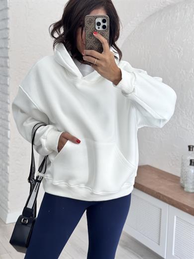 Sırtı Nakışlı Kapüşonlu Sweat Beyaz