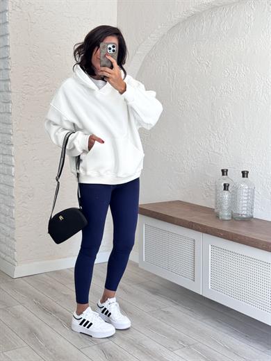 Sırtı Nakışlı Kapüşonlu Sweat Beyaz