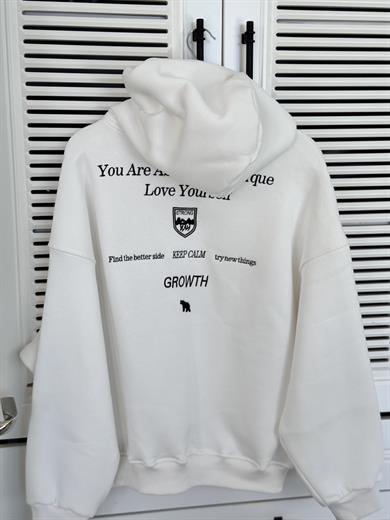 Sırtı Nakışlı Kapüşonlu Sweat Beyaz