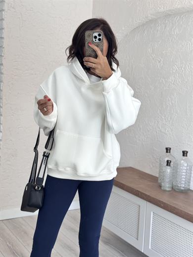 Sırtı Nakışlı Kapüşonlu Sweat Beyaz