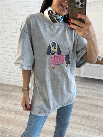 Sosis Köpek Baskılı Oversize Tişört Gri