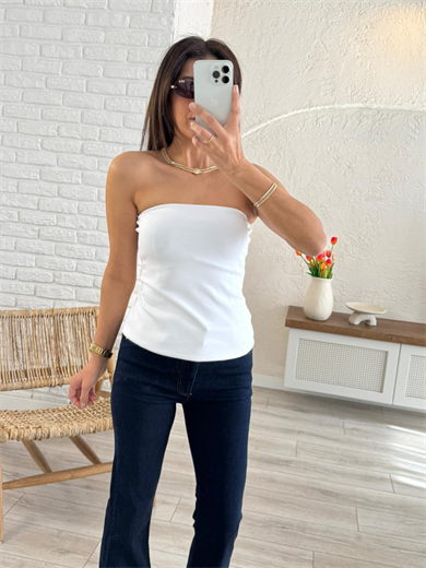 Straplez Alt Volanlı Top Beyaz