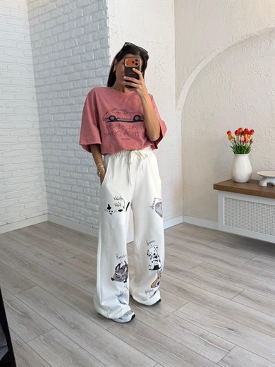 Tasarım Baskılı Pantolon (Beyaz)