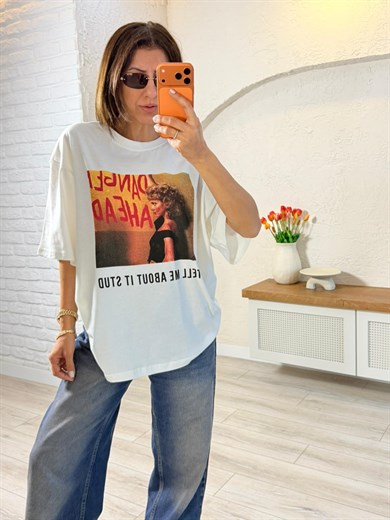 Tell Me About Baskılı Oversıze Tişört Ekru