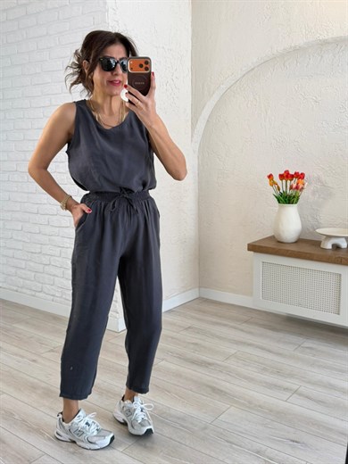 Tensel Kumaş Şalvar Pantolonlu Takım Antrasit Gri