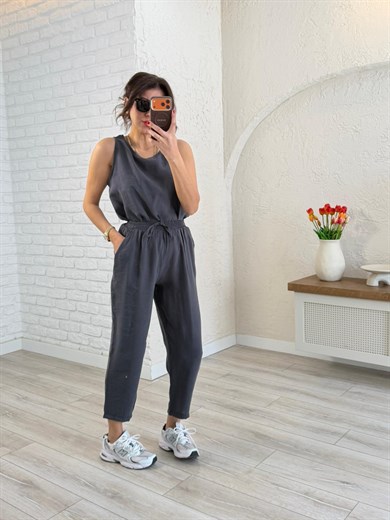 Tensel Kumaş Şalvar Pantolonlu Takım Antrasit Gri